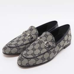 Pre Owned Gucci Beige/Blue GG Canvas and Leather Jordaan Horsebit Loafers Size 36.5