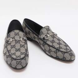 Pre Owned Gucci Beige/Blue GG Canvas and Leather Jordaan Horsebit Loafers Size 36.5