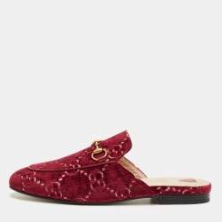 Pre Owned Gucci Red GG Velvet Princetown Flat Mules Size 37.5