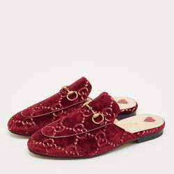 Pre Owned Gucci Red GG Velvet Princetown Flat Mules Size 37.5