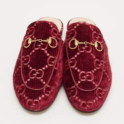 Pre Owned Gucci Red GG Velvet Princetown Flat Mules Size 37.5