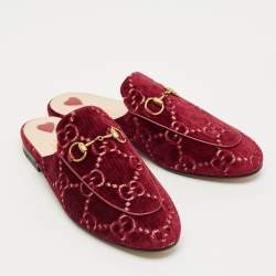 Pre Owned Gucci Red GG Velvet Princetown Flat Mules Size 37.5