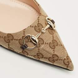 Pre Owned Gucci Beige/Brown GG Canvas Horsebit Slingback Flats Size 42