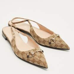 Pre Owned Gucci Beige/Brown GG Canvas Horsebit Slingback Flats Size 42