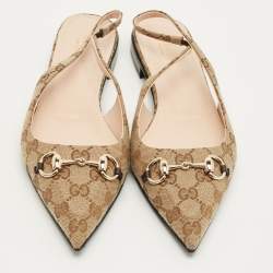 Pre Owned Gucci Beige/Brown GG Canvas Horsebit Slingback Flats Size 42