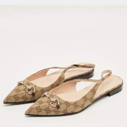 Pre Owned Gucci Beige/Brown GG Canvas Horsebit Slingback Flats Size 42