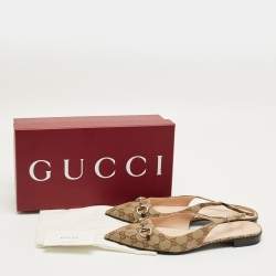 Pre Owned Gucci Beige/Brown GG Canvas Horsebit Slingback Flats Size 42