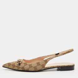 Pre Owned Gucci Beige/Brown GG Canvas Horsebit Slingback Flats Size 42