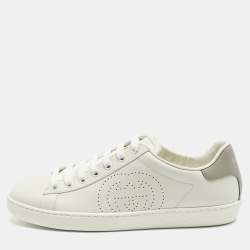 Pre Owned Gucci Ace Size 38.5 White Perforated Interlocking G Leather Low Top Sneakers