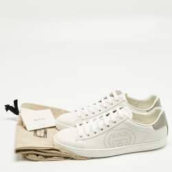 Pre Owned Gucci Ace Size 38.5 White Perforated Interlocking G Leather Low Top Sneakers
