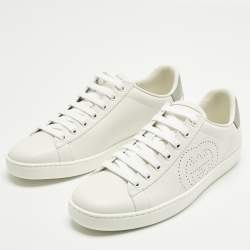 Pre Owned Gucci Ace Size 38.5 White Perforated Interlocking G Leather Low Top Sneakers
