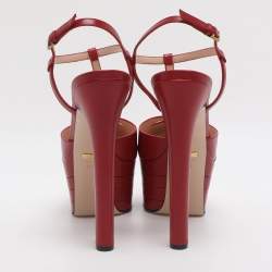 Pre Owned صندل غوتشي انغيل  جلد بيج  بسير حرف تي ونعل سميك مقاس 38.5