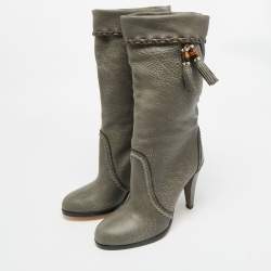 Pre Owned Gucci Size 38 Grey Leather Bamboo Tassel Ankle Length Boots