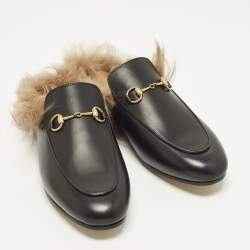 Pre Owned حذاء برينس تاون مبطن بالفرو جلد أسود غوتشي مقاس 36.5