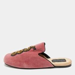 Pre Owned Gucci Lawrence Size 36.5 Pink Velvet Crystal Embellished Flat Mules