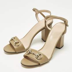 Pre Owned Gucci Claudie Size 37.5 Dark Beige Leather Ankle Strap Sandals