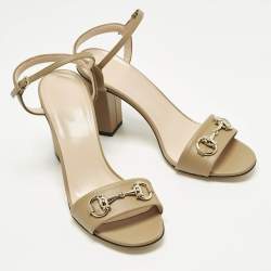 Pre Owned Gucci Claudie Size 37.5 Dark Beige Leather Ankle Strap Sandals