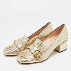 Pre Owned Gucci GG Marmont Size 37 Gold Foil Leather Fringe Block Heel Pumps