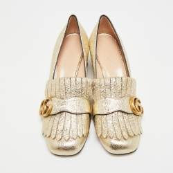 Pre Owned Gucci GG Marmont Size 37 Gold Foil Leather Fringe Block Heel Pumps