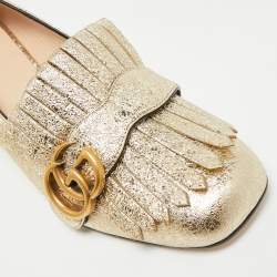 Pre Owned Gucci GG Marmont Size 37 Gold Foil Leather Fringe Block Heel Pumps