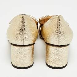 Pre Owned Gucci GG Marmont Size 37 Gold Foil Leather Fringe Block Heel Pumps