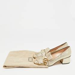 Pre Owned Gucci GG Marmont Size 37 Gold Foil Leather Fringe Block Heel Pumps