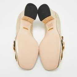 Pre Owned Gucci GG Marmont Size 37 Gold Foil Leather Fringe Block Heel Pumps