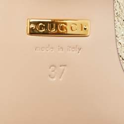 Pre Owned Gucci GG Marmont Size 37 Gold Foil Leather Fringe Block Heel Pumps