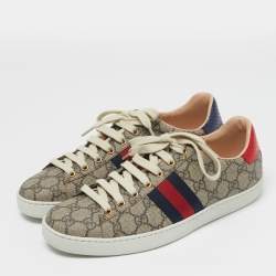 Pre Owned Gucci Ace Size 40 Beige/Brown GG Supreme Canvas Low Top Sneakers
