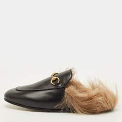 مملوكة مسبقًا Gucci Princetown Size 36.5 Black Leather and Fur Mules