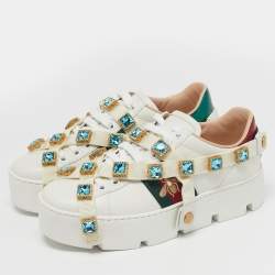 Pre Owned حذاء رياضي غوتشي جلد أبيض فلاش تريك سميك منخفض مقاس 38