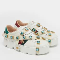 Pre Owned حذاء رياضي غوتشي جلد أبيض فلاش تريك سميك منخفض مقاس 38