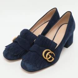 Pre Owned Gucci GG Marmont Size 36.5 Blue Suede Block Heel Pumps