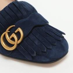Pre Owned Gucci GG Marmont Size 36.5 Blue Suede Block Heel Pumps