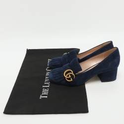 Pre Owned Gucci GG Marmont Size 36.5 Blue Suede Block Heel Pumps