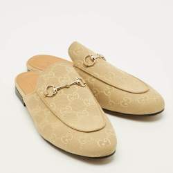 Pre Owned Gucci Princetown Size 40.5 Beige GG Canvas Flat Mules