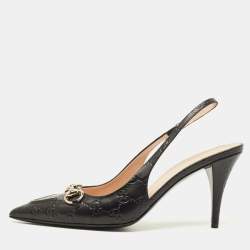 Pre Owned Gucci Werin Size 39.5 Black Guccissima Leather Slingback Pumps