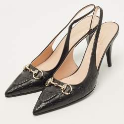 Pre Owned Gucci Werin Size 39.5 Black Guccissima Leather Slingback Pumps