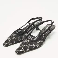 Pre Owned Gucci Size 36.5 Black Mesh and Suede  GG Crystal Embellished Slingback Pumps