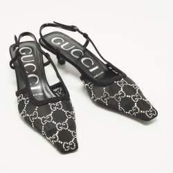 Pre Owned Gucci Size 36.5 Black Mesh and Suede  GG Crystal Embellished Slingback Pumps