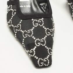 Pre Owned Gucci Size 36.5 Black Mesh and Suede  GG Crystal Embellished Slingback Pumps