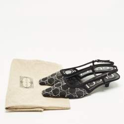 Pre Owned Gucci Size 36.5 Black Mesh and Suede  GG Crystal Embellished Slingback Pumps