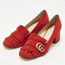 Pre Owned Gucci GG Marmont Size 38.5 Red Suede Fringe Block Heel Pumps