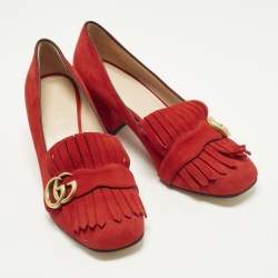 Pre Owned Gucci GG Marmont Size 38.5 Red Suede Fringe Block Heel Pumps