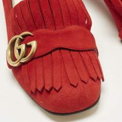 Pre Owned Gucci GG Marmont Size 38.5 Red Suede Fringe Block Heel Pumps