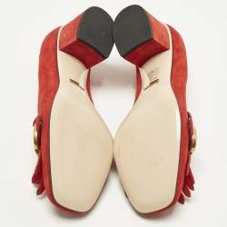 Pre Owned Gucci GG Marmont Size 38.5 Red Suede Fringe Block Heel Pumps