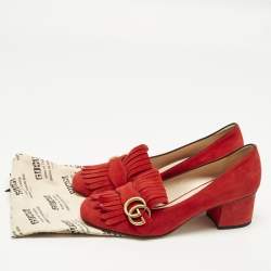 Pre Owned Gucci GG Marmont Size 38.5 Red Suede Fringe Block Heel Pumps