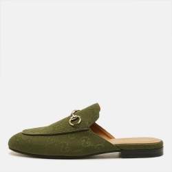 Pre Owned Gucci Princetown Size 36.5 Green GG Canvas Flat Mules