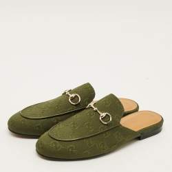 Pre Owned Gucci Princetown Size 36.5 Green GG Canvas Flat Mules