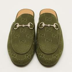 Pre Owned Gucci Princetown Size 36.5 Green GG Canvas Flat Mules